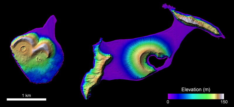 Digital elevation model showing the topography of Iceland’s Surtsey island (left) and Hunga Tonga-Hunga Ha’apai (right). Image: NASA